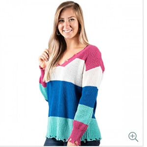 Simply Southern colorblock / striped distressed v neck sweater size medium